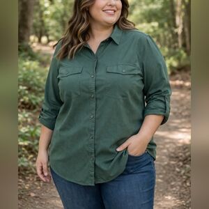 Eddie Bauer Forest Green Button Down Shirt XXL Stretch Outdoor Hiking Casual Top